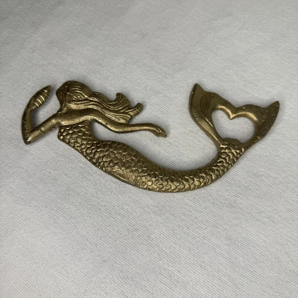 Cast Iron Mermaid Bottle Opener Antique Gold Barware Nautical Coastal 7 Inch